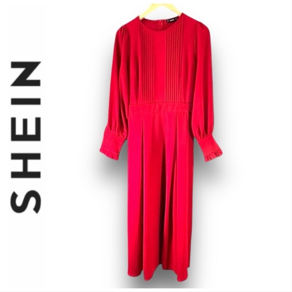 SHEIN Red Maxi Dress with Puff ruffle cuff sleeves and tucks on front S